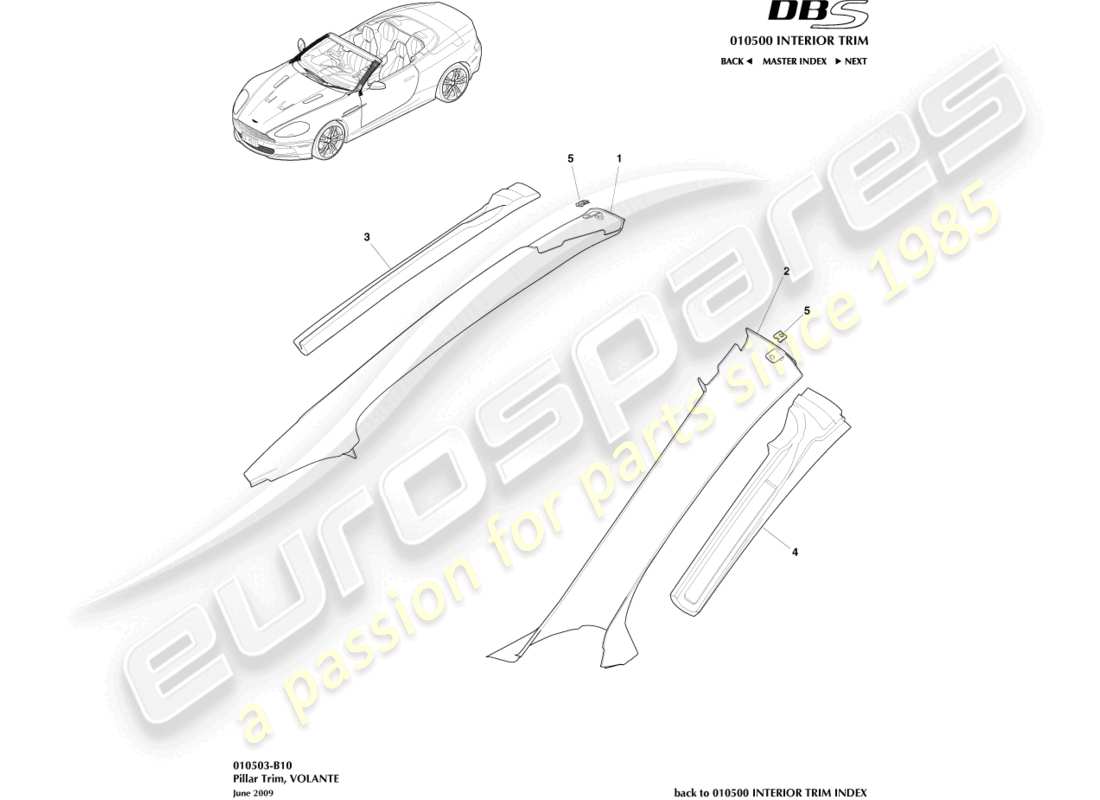 aston martin dbs (2010) pillar trim, upper, volante part diagram