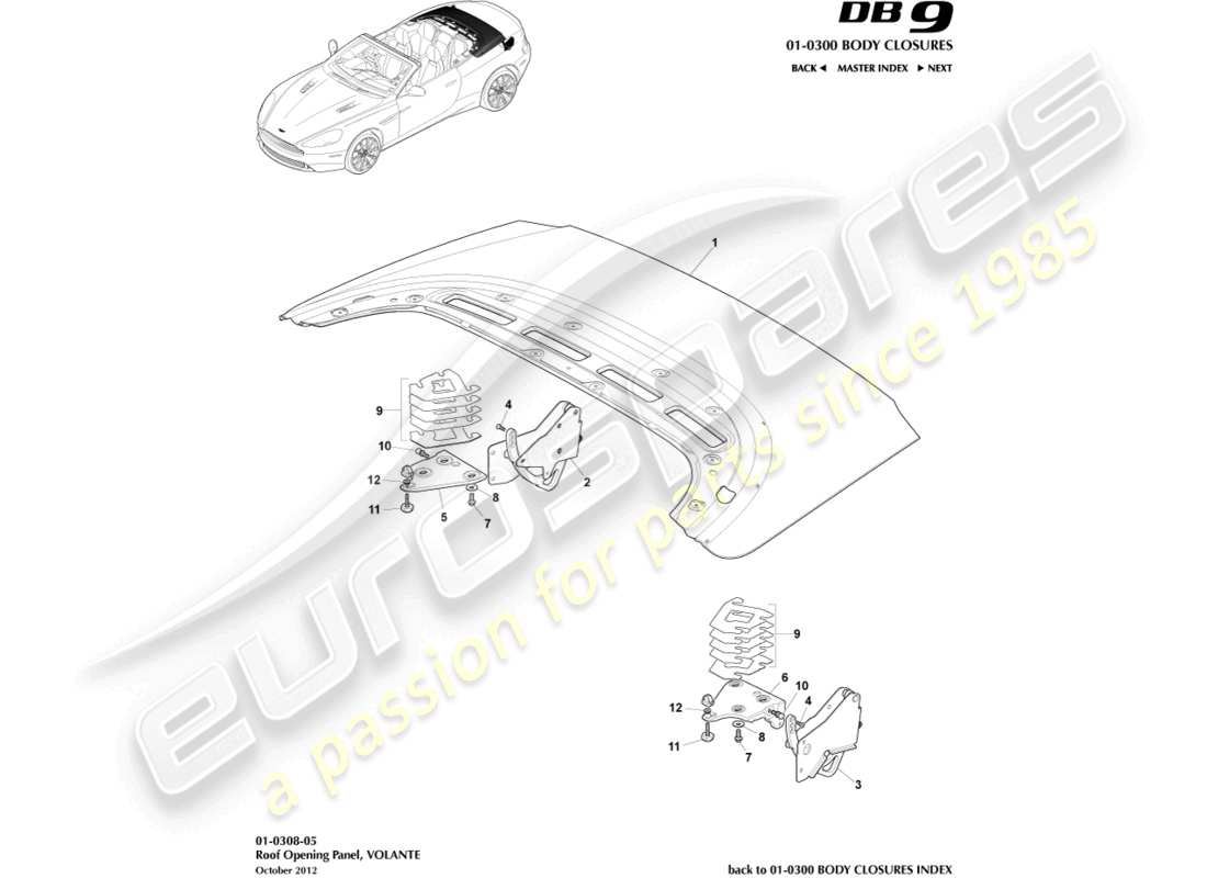 aston martin db9 (2017) roof opening panel, volante part diagram