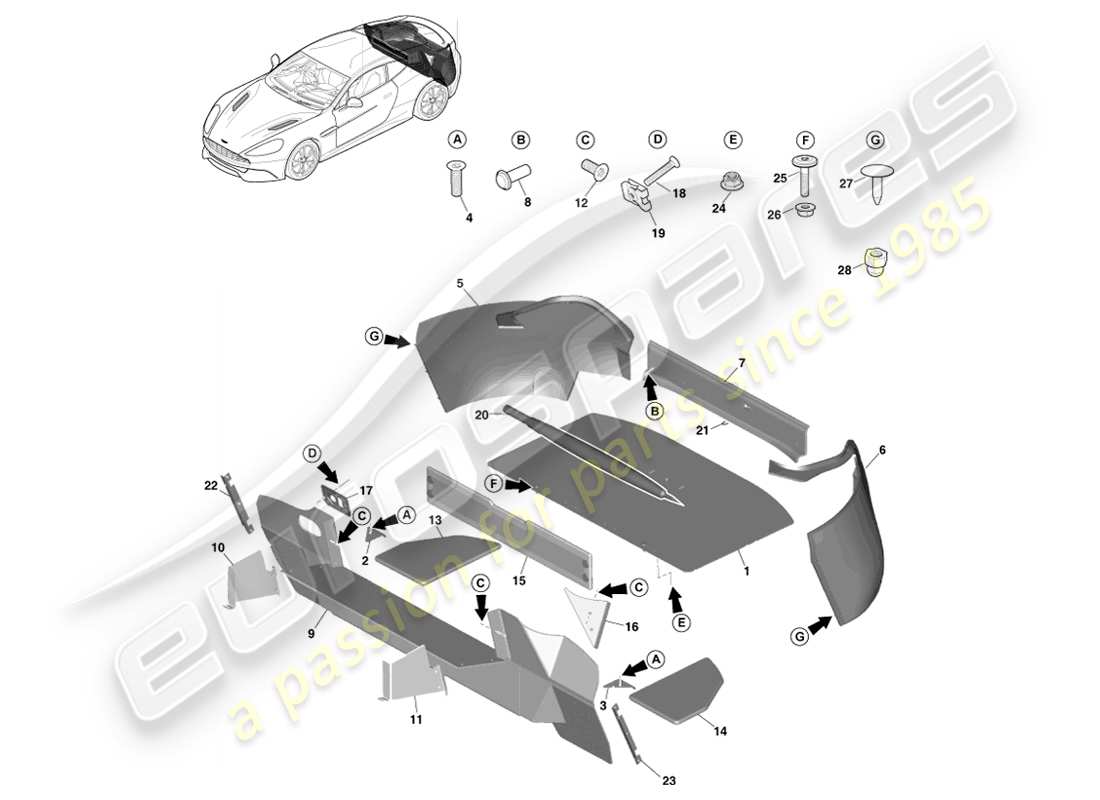 aston martin vanquish (2013) load compartment trim, coupe part diagram