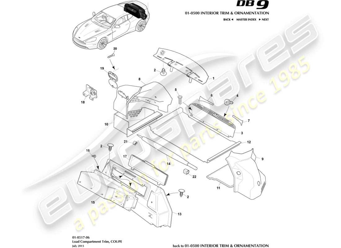 aston martin db9 (2015) load compartment trim, coupe part diagram