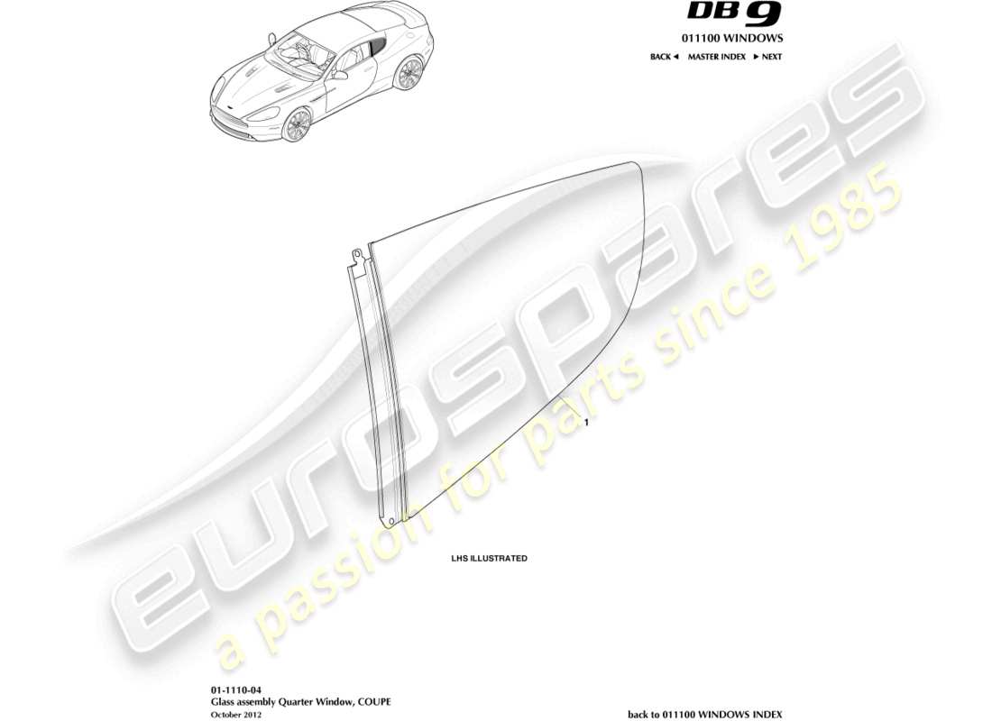 aston martin db9 (2016) rear quarter glass, coupe part diagram