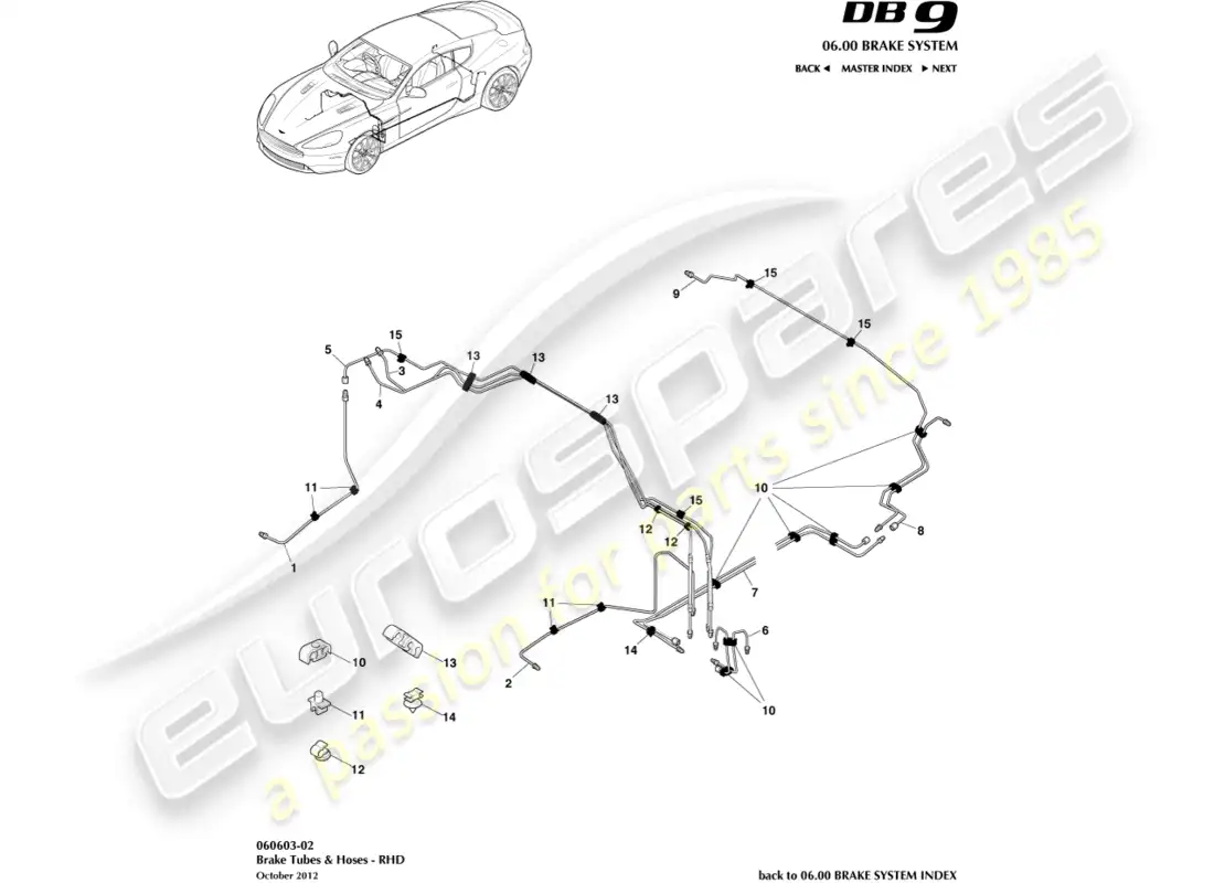 aston martin db9 (2015) brake lines & hoses, rhd parts diagram