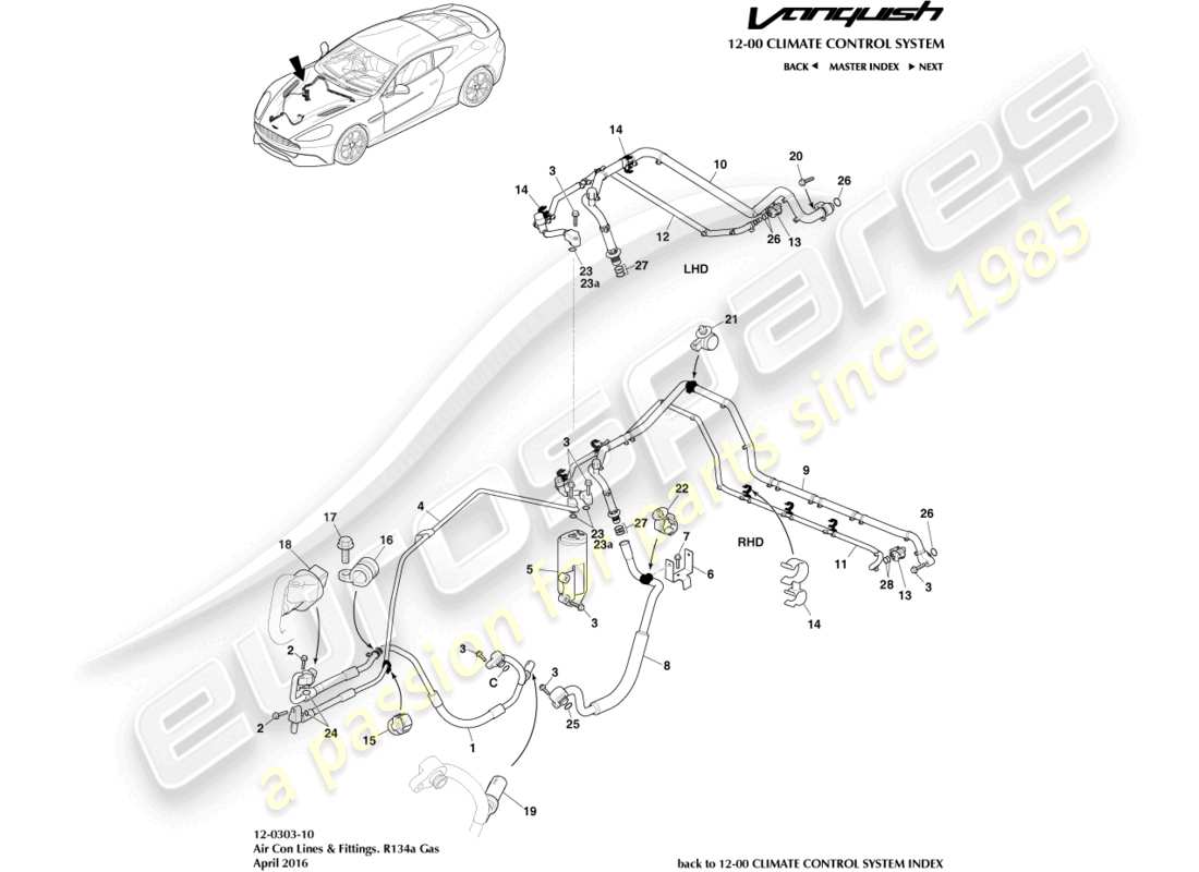 aston martin vanquish (2015) air con lines, r134a gas part diagram