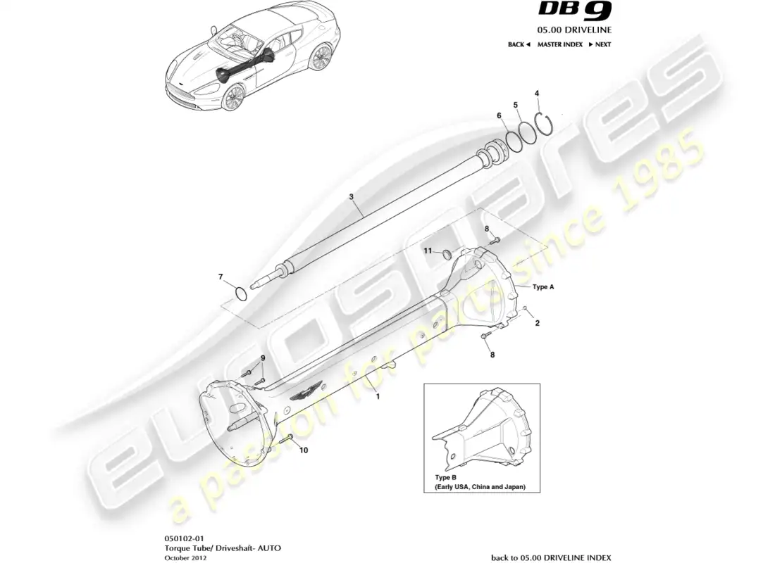 aston martin db9 (2015) torque tube assembly parts diagram