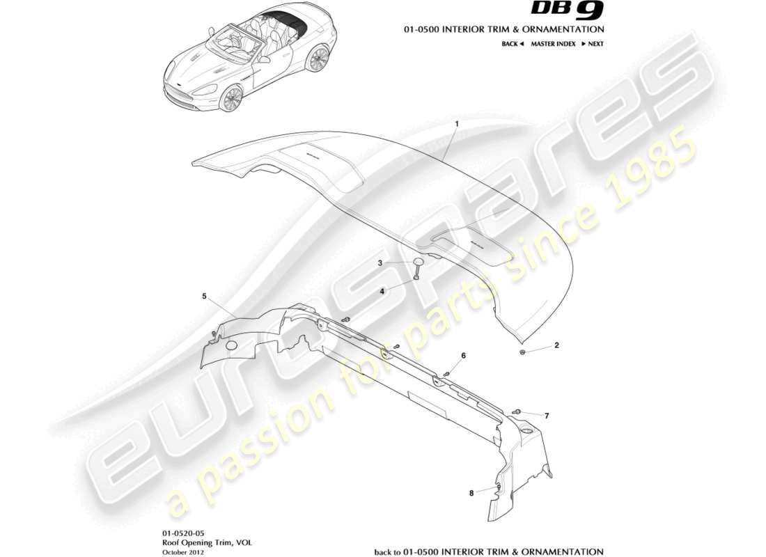 aston martin db9 (2015) roof opening trim, volante part diagram