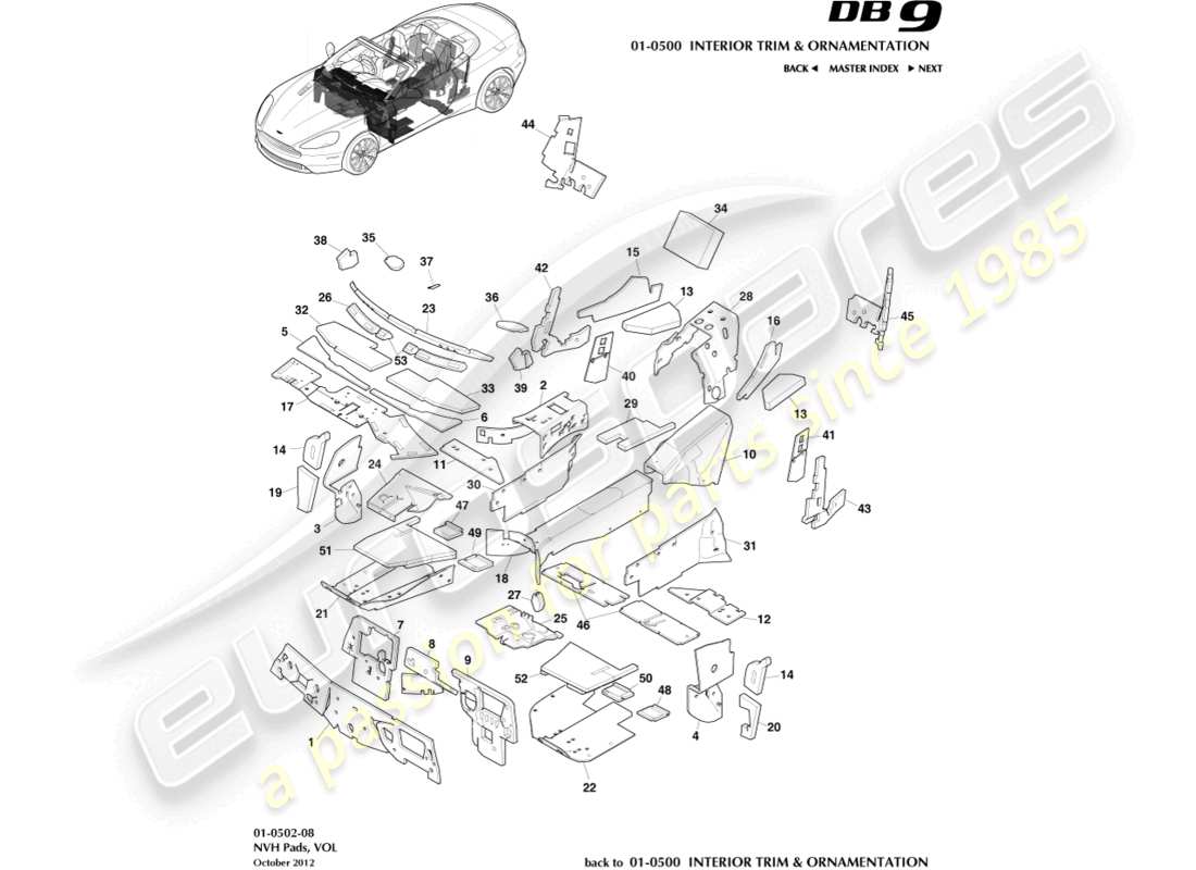 aston martin db9 (2015) nvh pads, volante part diagram