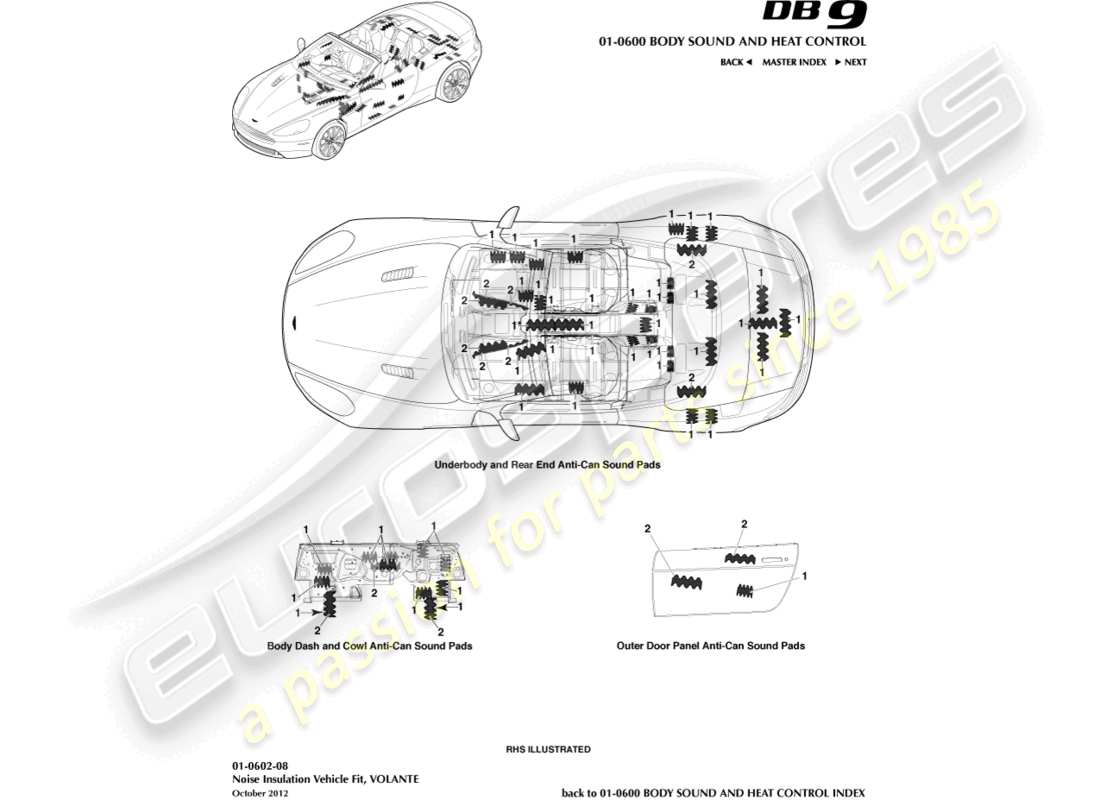 aston martin db9 (2015) noise insulation, volante part diagram