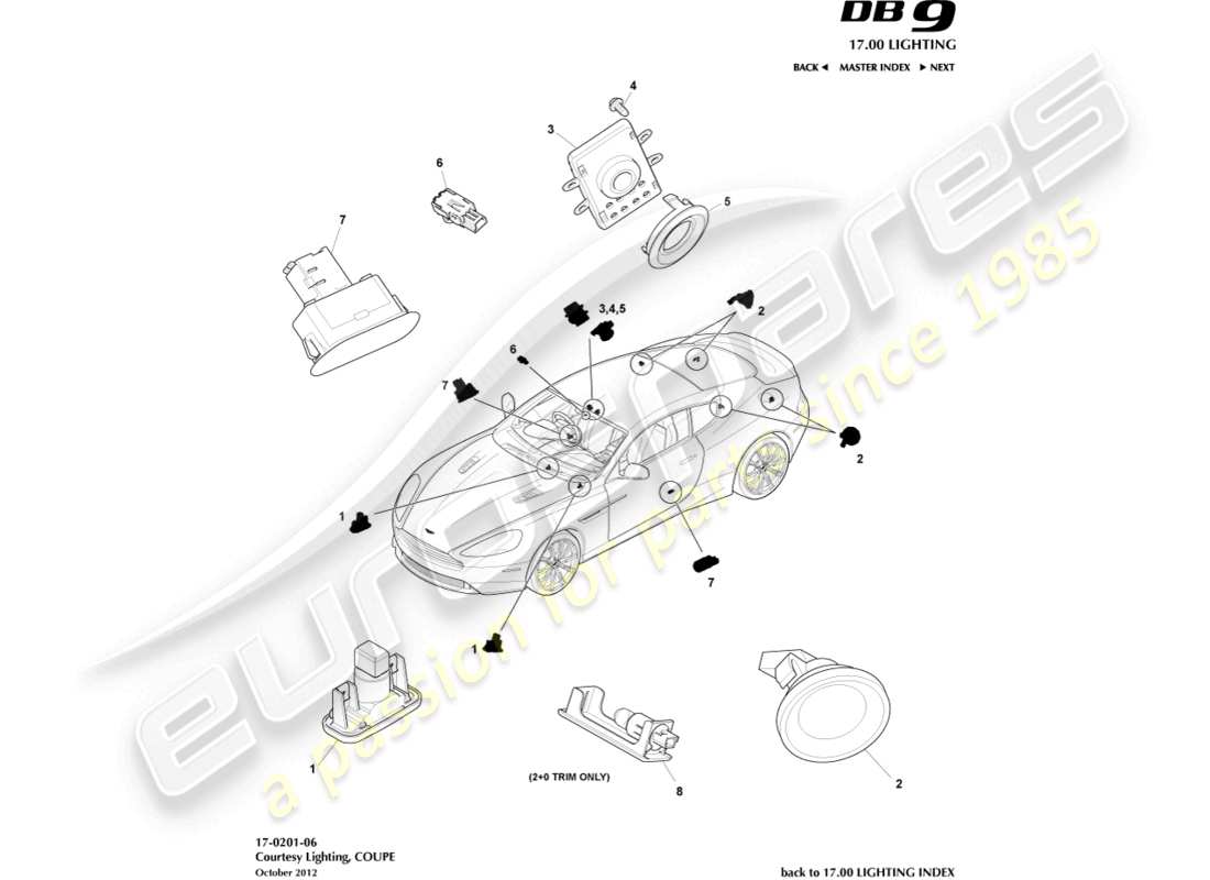 aston martin db9 (2015) courtesy lighting, coupe part diagram