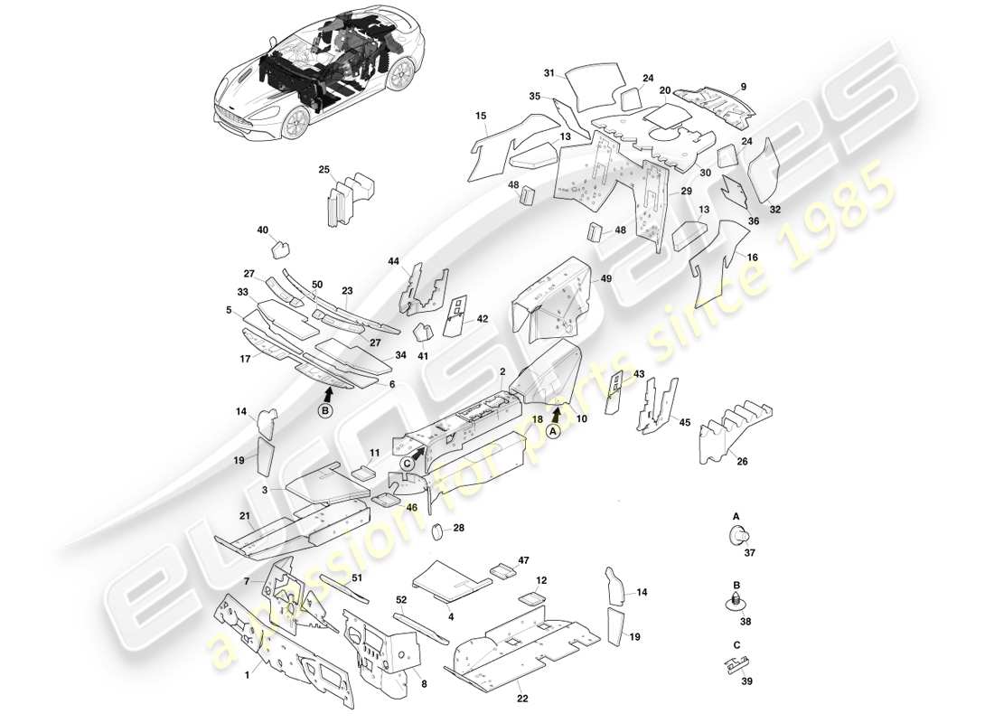 aston martin vanquish (2013) nvh pads, coupe part diagram