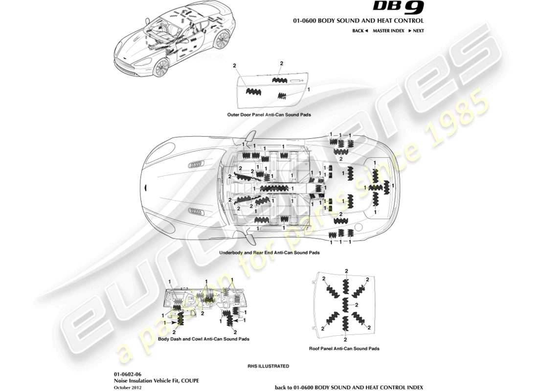 aston martin db9 (2015) noise insulation, coupe part diagram