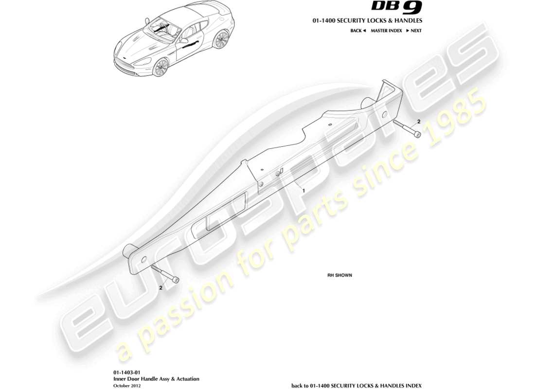 aston martin db9 (2015) inner handles & actuation part diagram