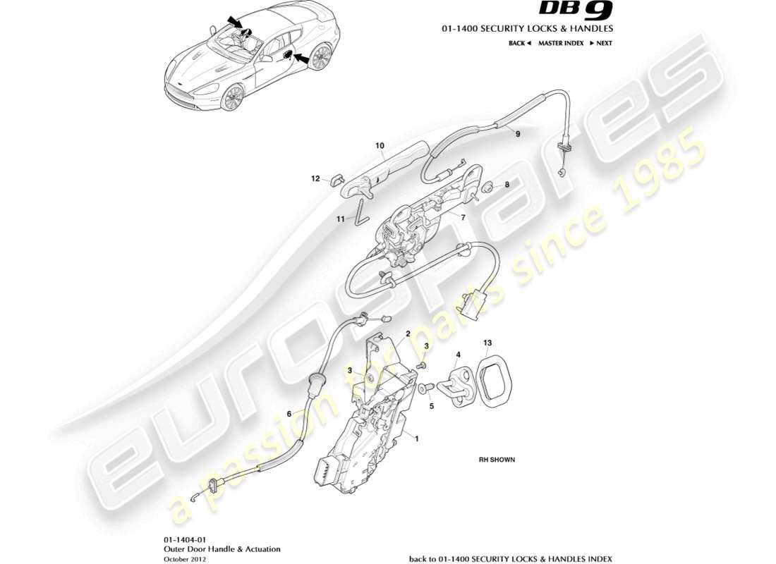 aston martin db9 (2015) outer handles & actuation part diagram