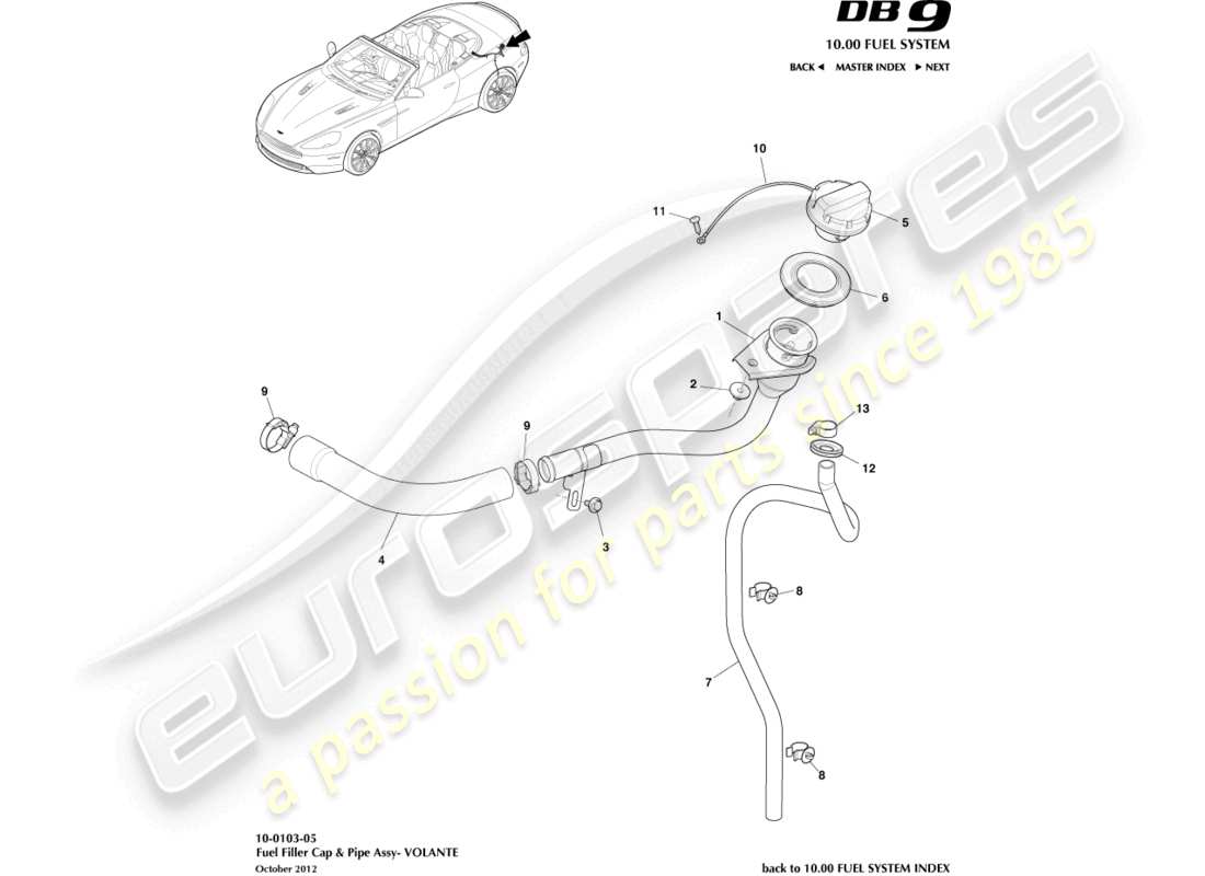 aston martin db9 (2013) fuel filler assembly, volante parts diagram