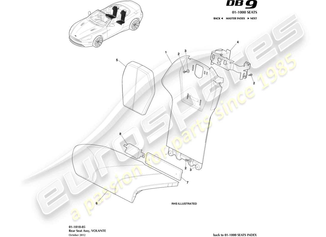 aston martin db9 (2015) rear seats, volante part diagram