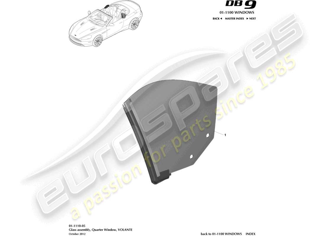 aston martin db9 (2015) rear quarter glass, volante part diagram