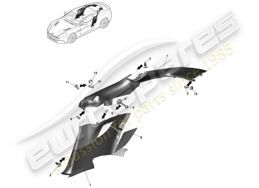 aston martin vanquish (2013) rear quarter trim panel, 2+2 coupe part diagram