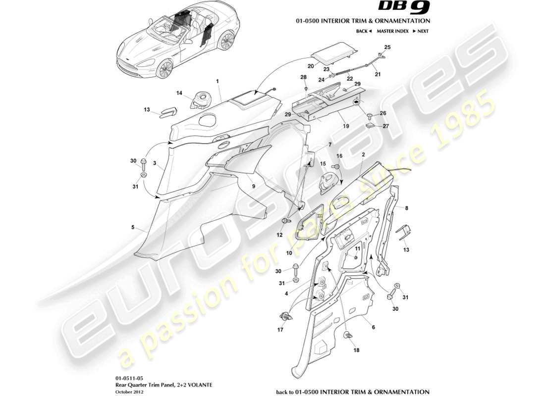 aston martin db9 (2015) rear quarter trim panel, 2+2 volante part diagram