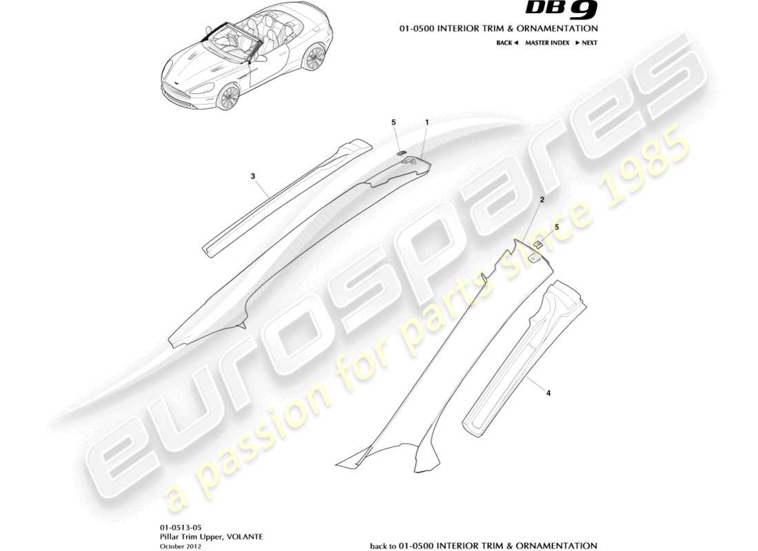 aston martin db9 (2013) pillar trim, upper, volante parts diagram