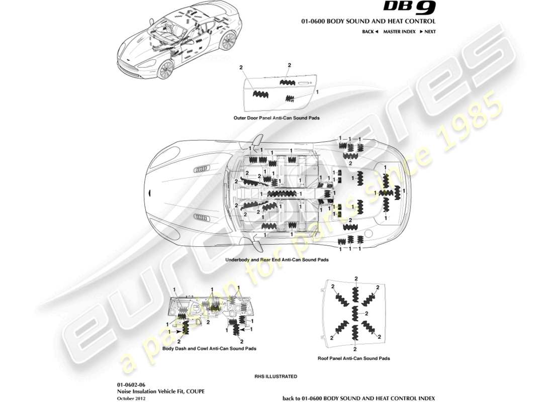 aston martin db9 (2016) noise insulation, coupe part diagram