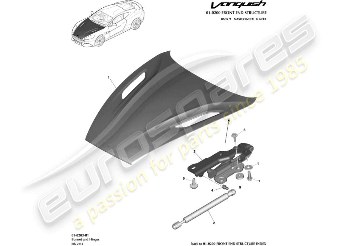 aston martin vanquish (2018) bonnet and hinges part diagram