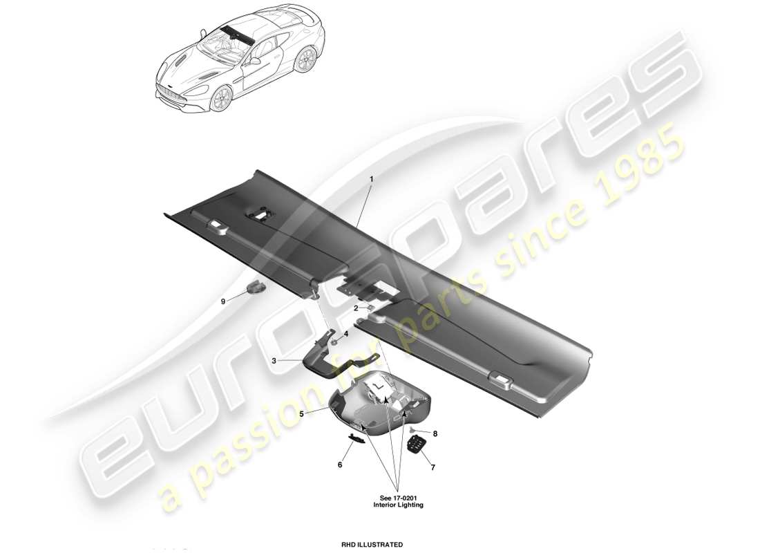 aston martin vanquish (2013) front header trim, coupe part diagram