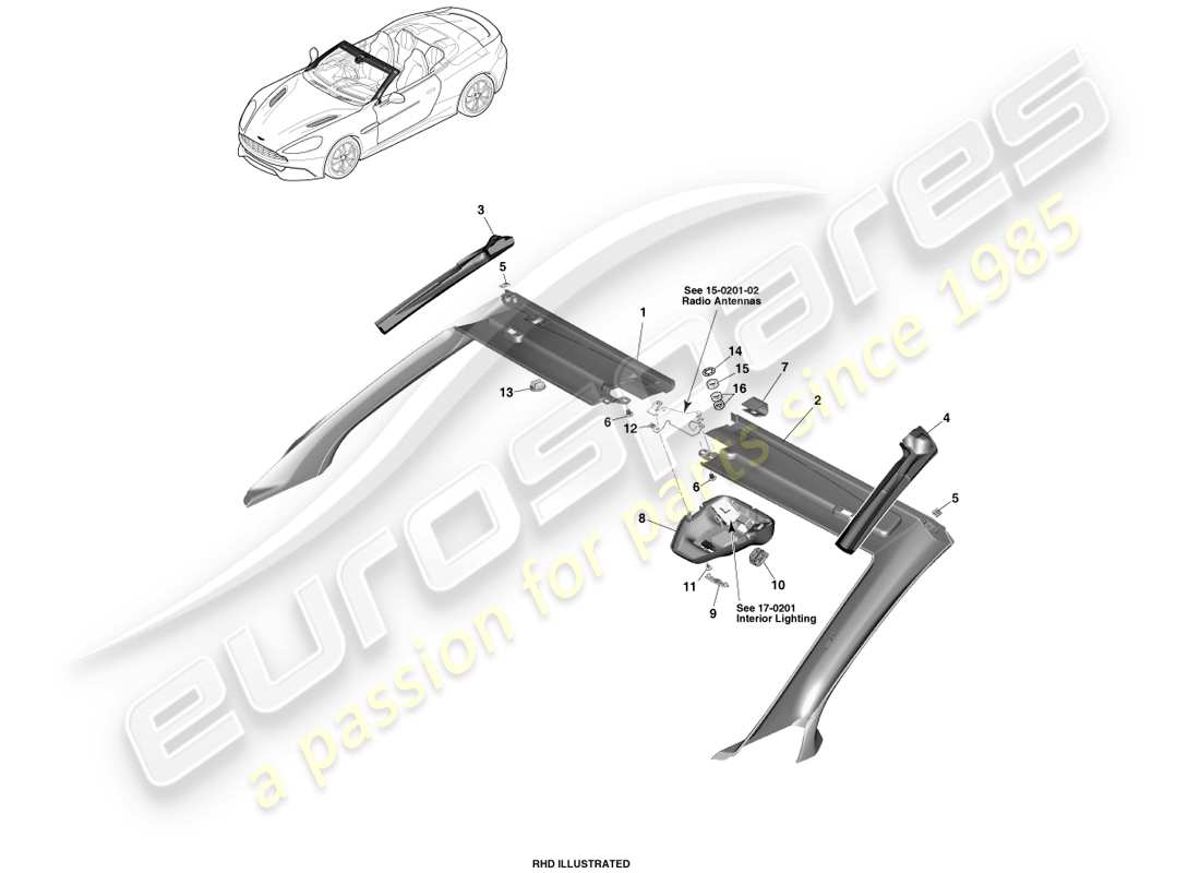 aston martin vanquish (2013) front header trim, volante part diagram