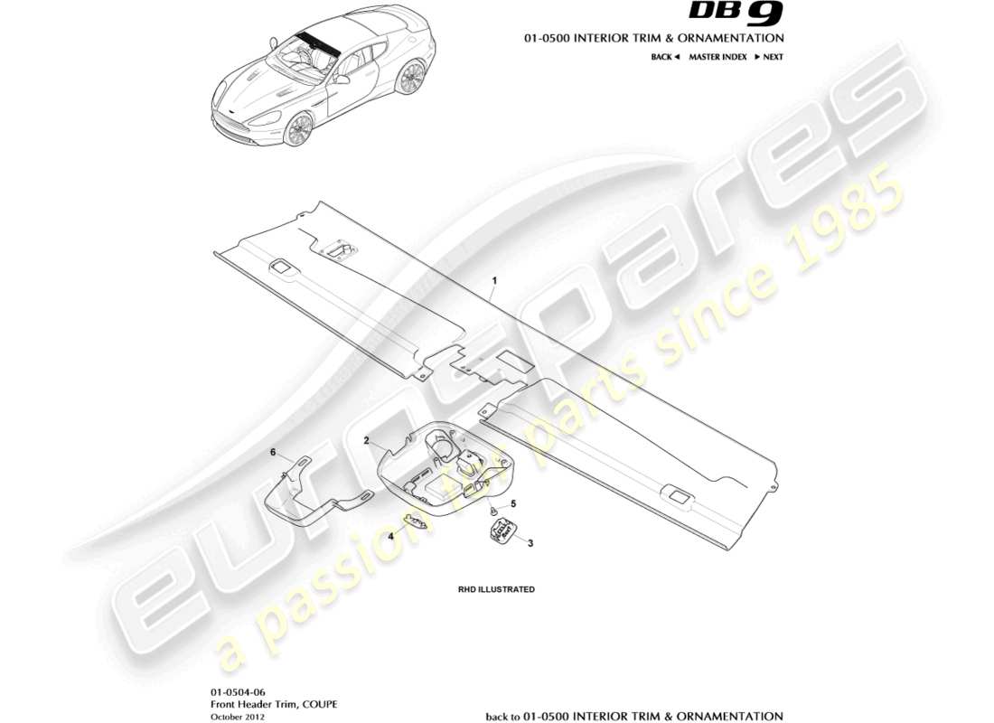 aston martin db9 (2015) front header trim, coupe part diagram