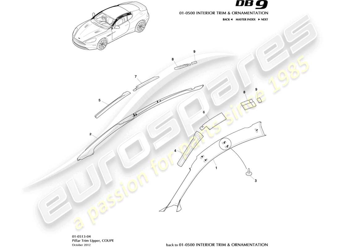aston martin db9 (2014) pillar trim, upper, coupe parts diagram