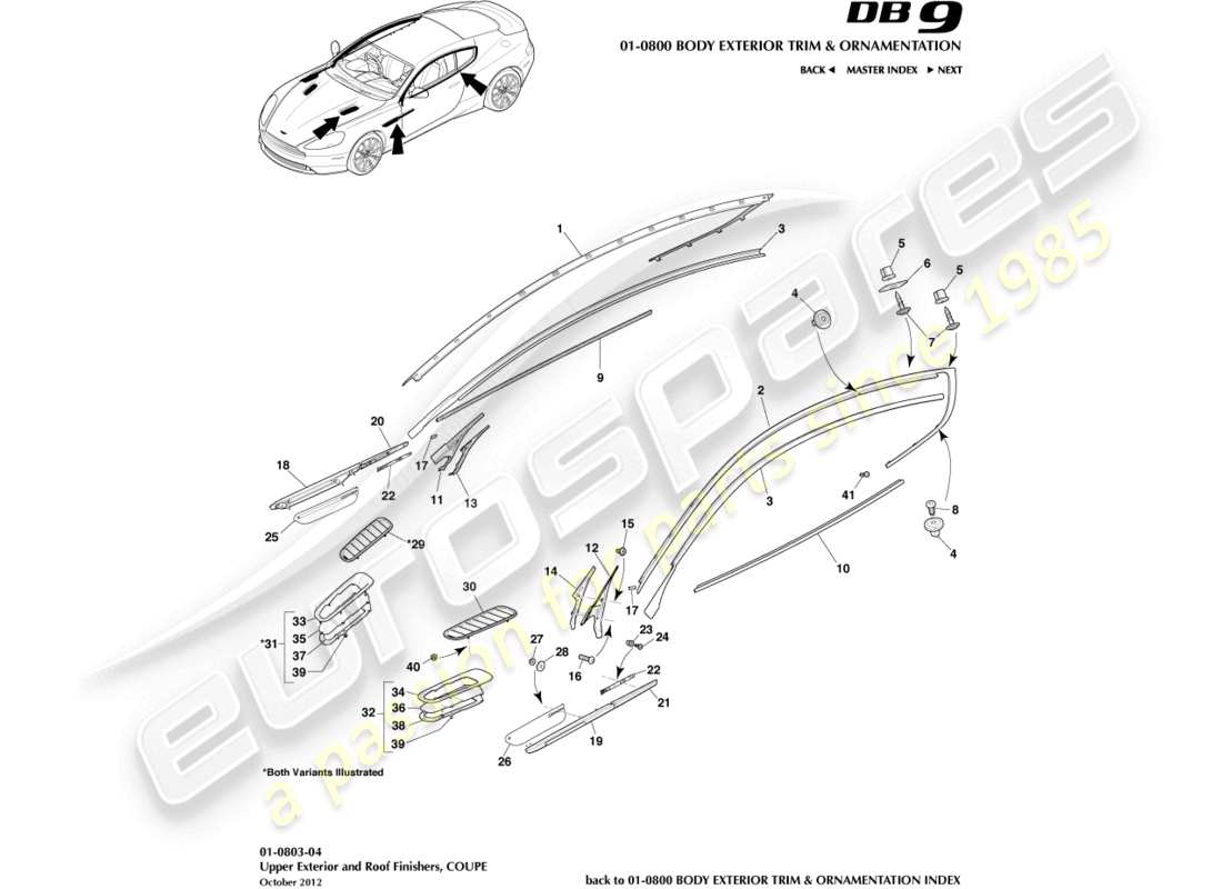 aston martin db9 (2014) upper exterior finishers, coupe parts diagram