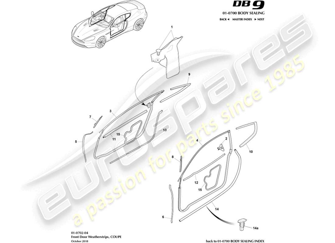 aston martin db9 (2015) door weatherstrips, coupe part diagram