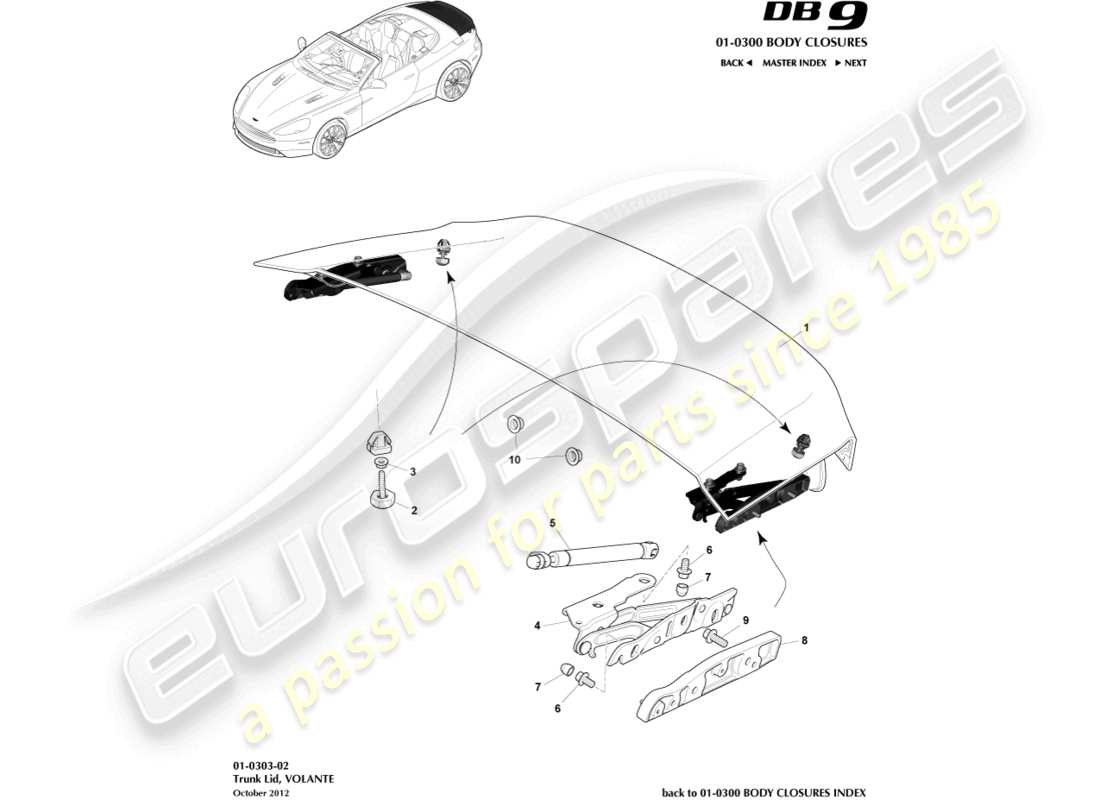 aston martin db9 (2014) trunk lid & hinge, volante parts diagram