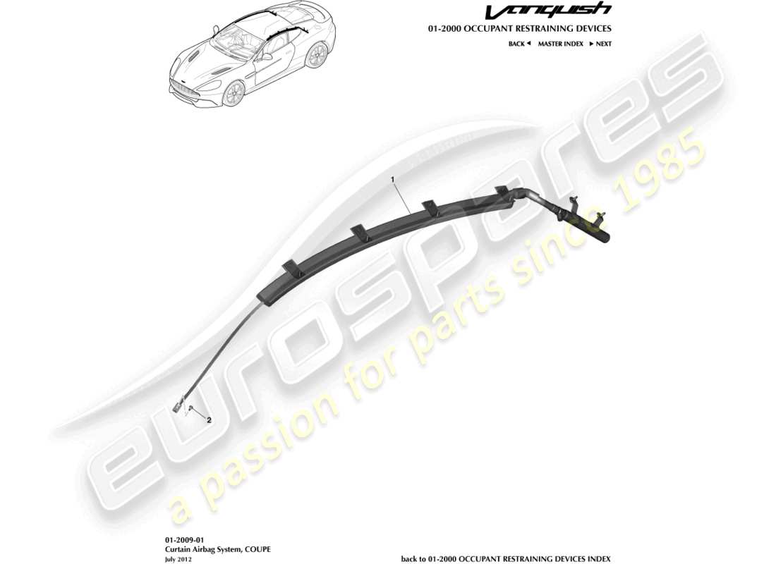 aston martin vanquish (2015) curtain airbag, coupe part diagram