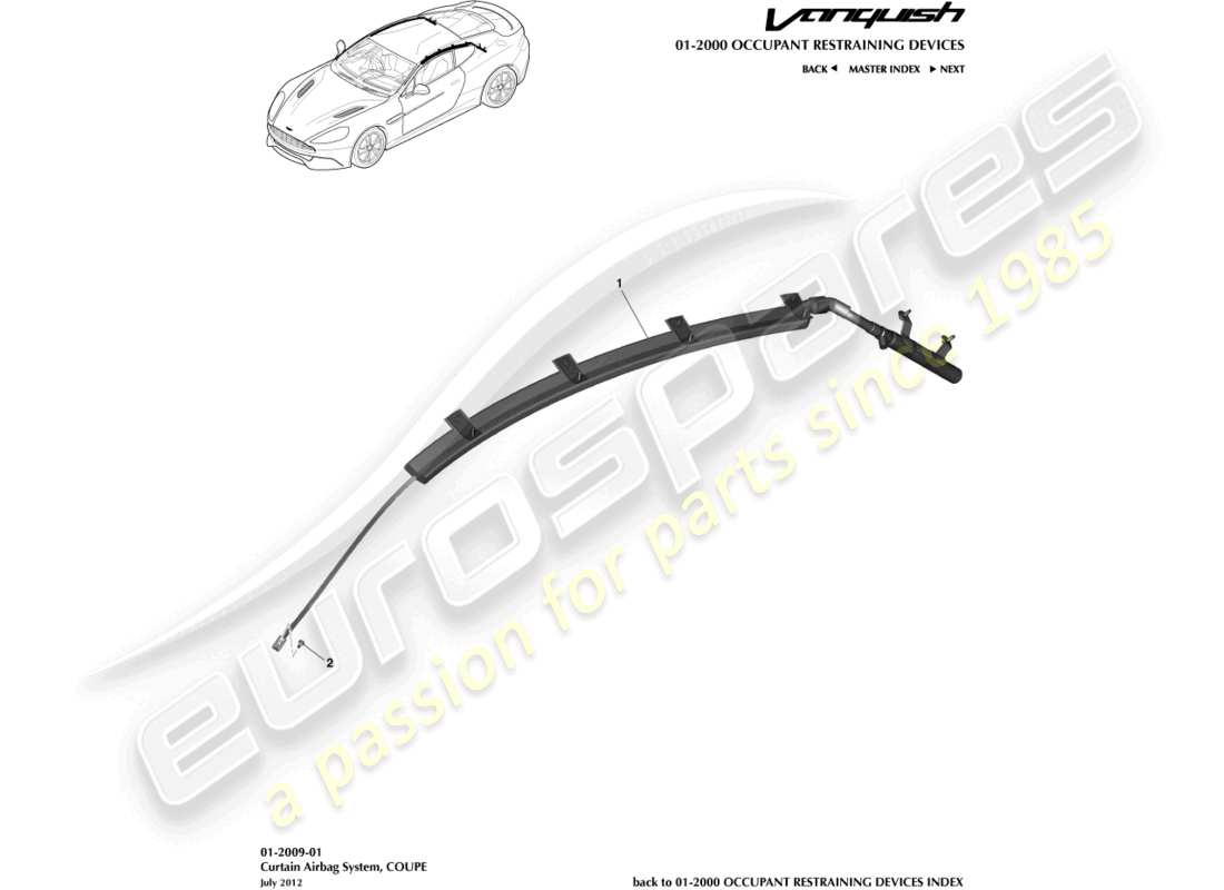 aston martin vanquish (2018) curtain airbag, coupe part diagram