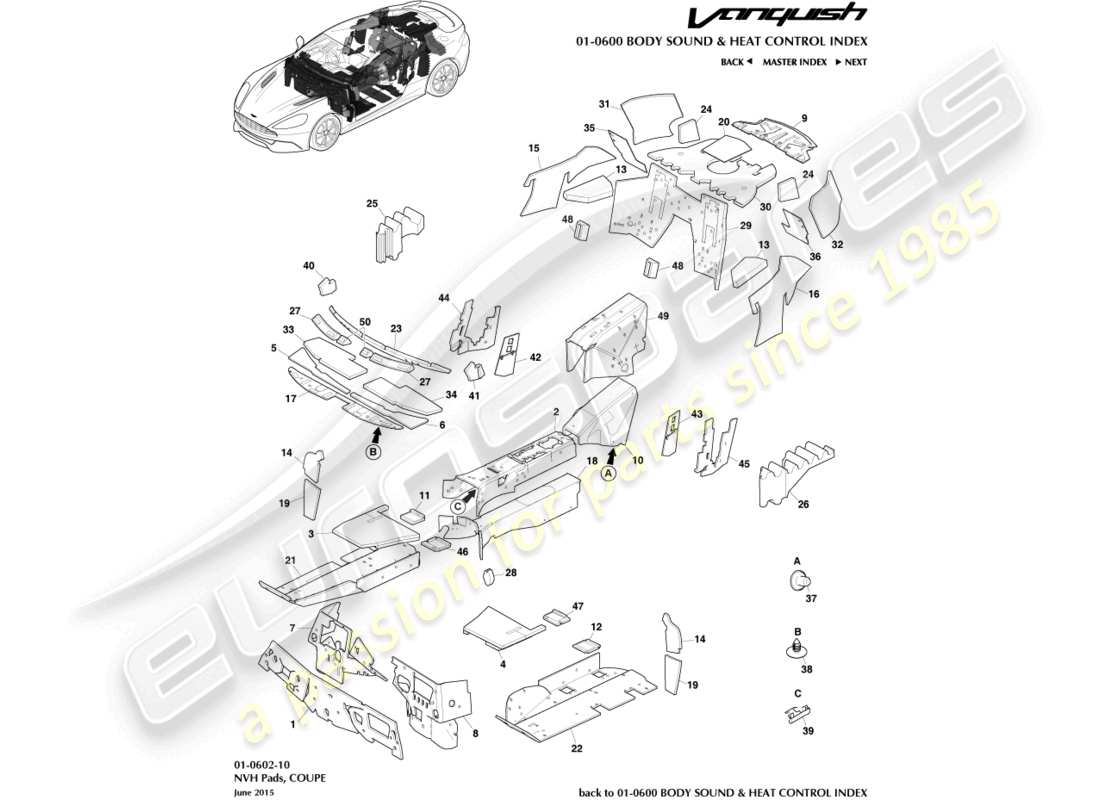 aston martin vanquish (2018) noise insulation, coupe part diagram