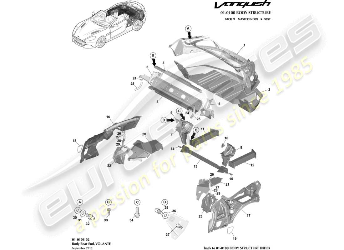 aston martin vanquish (2018) body rear end, volante part diagram
