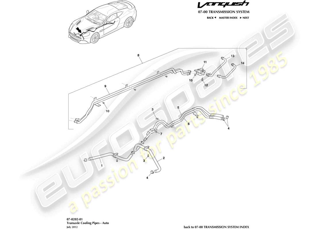 aston martin vanquish (2016) transmission oil cooler pipes part diagram