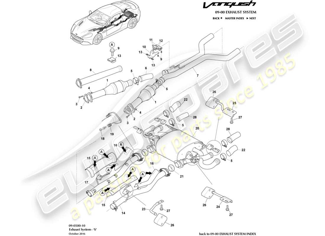 aston martin vanquish (2018) exhaust system, s part diagram