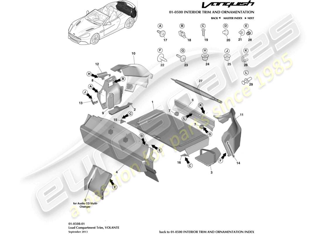 aston martin vanquish (2018) load compartment trim, volante part diagram