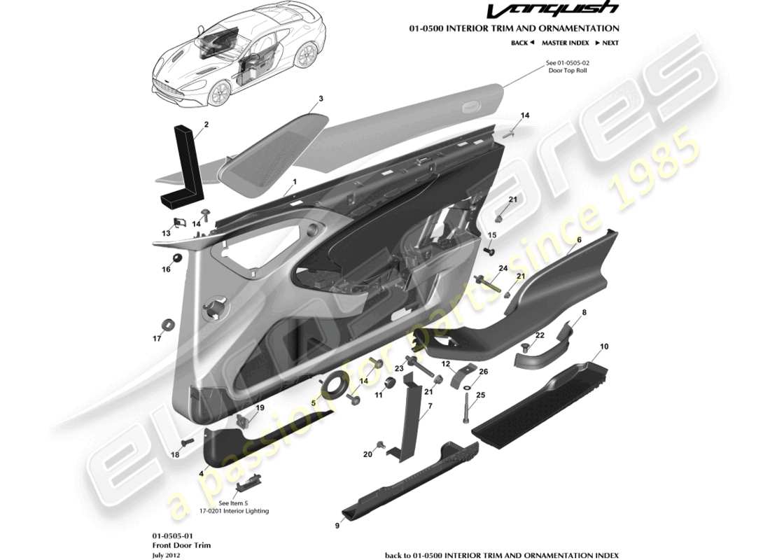 aston martin vanquish (2018) front door trim panel part diagram