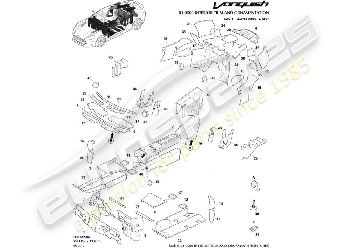 aston martin vanquish (2016) nvh pads, coupe part diagram