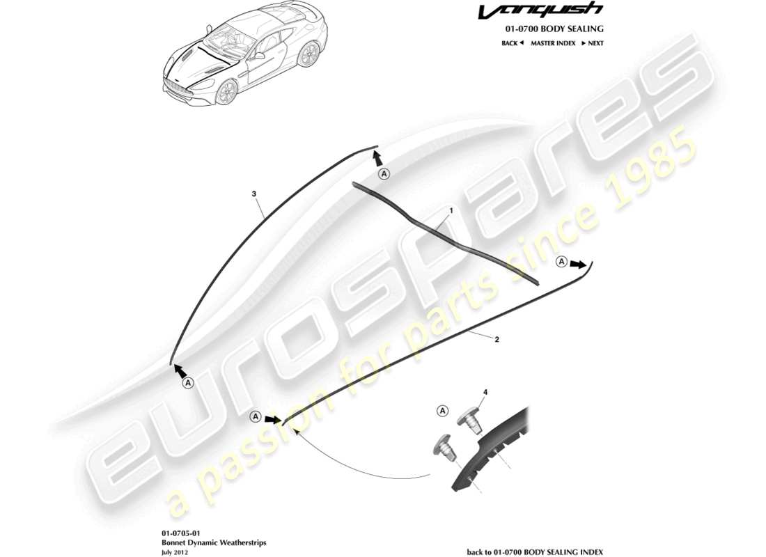 aston martin vanquish (2018) bonnet weatherstrips part diagram