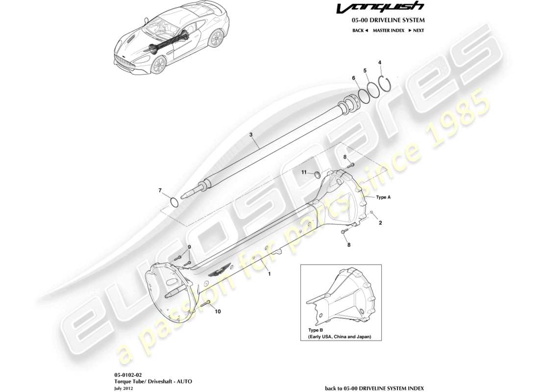 aston martin vanquish (2018) torque tube assembly, 6 spd part diagram