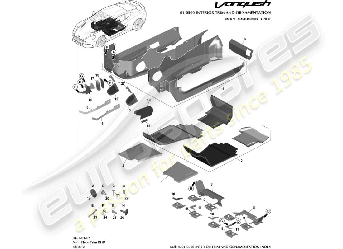 aston martin vanquish (2018) main floor trim, rhd part diagram