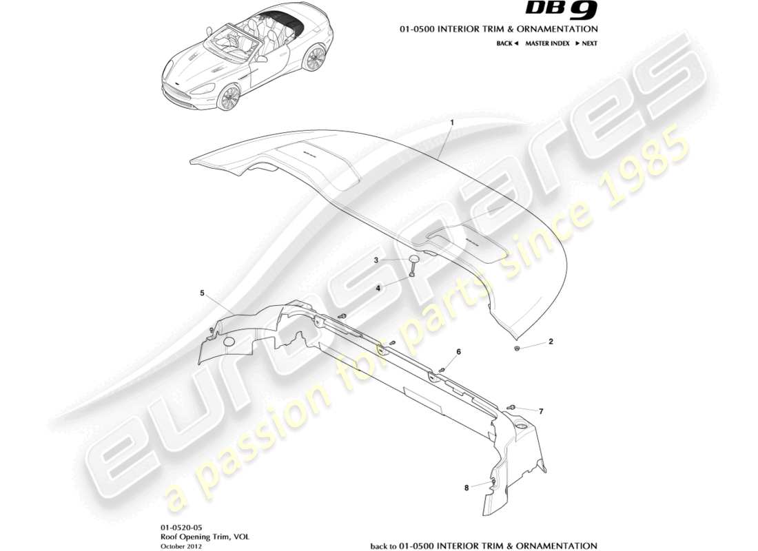 aston martin db9 (2013) roof opening trim, volante parts diagram