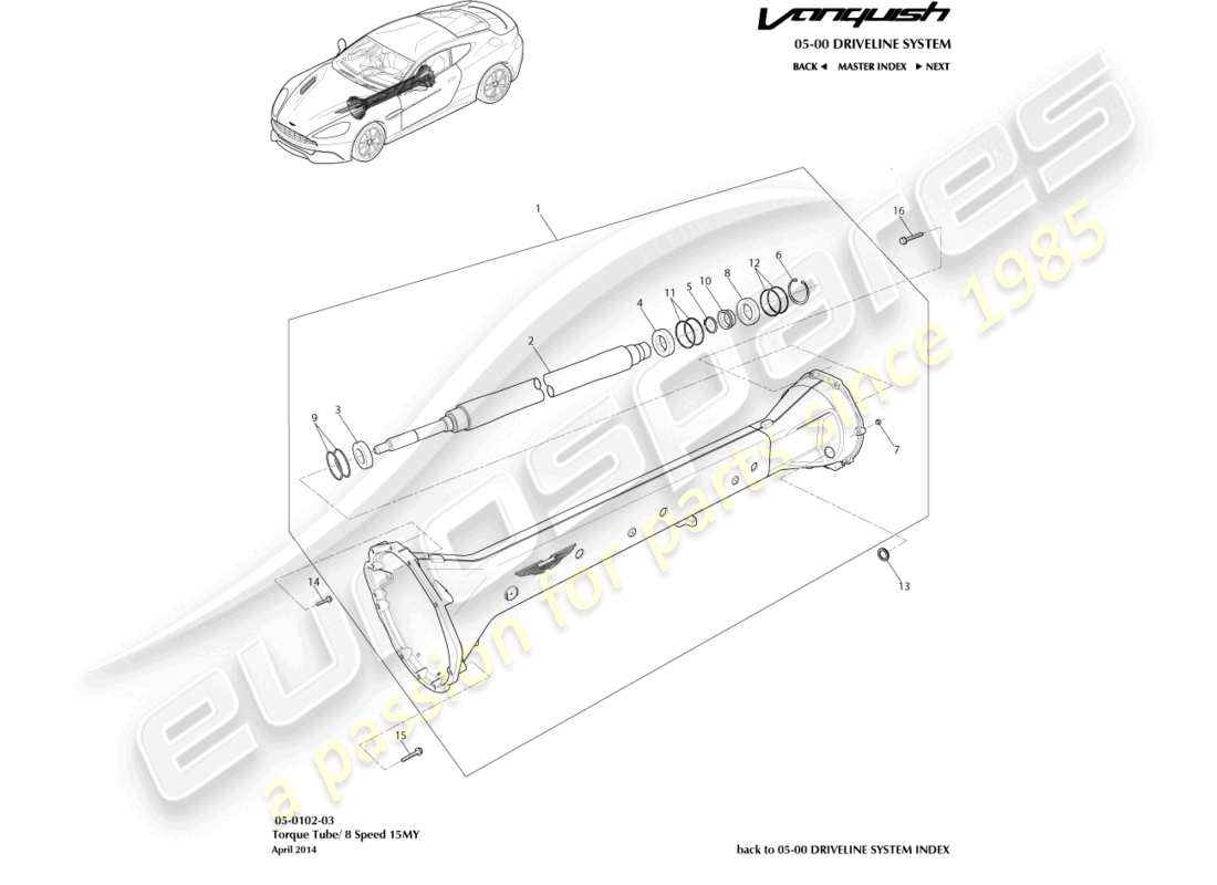 aston martin vanquish (2017) torque tube assembly, 8 spd part diagram