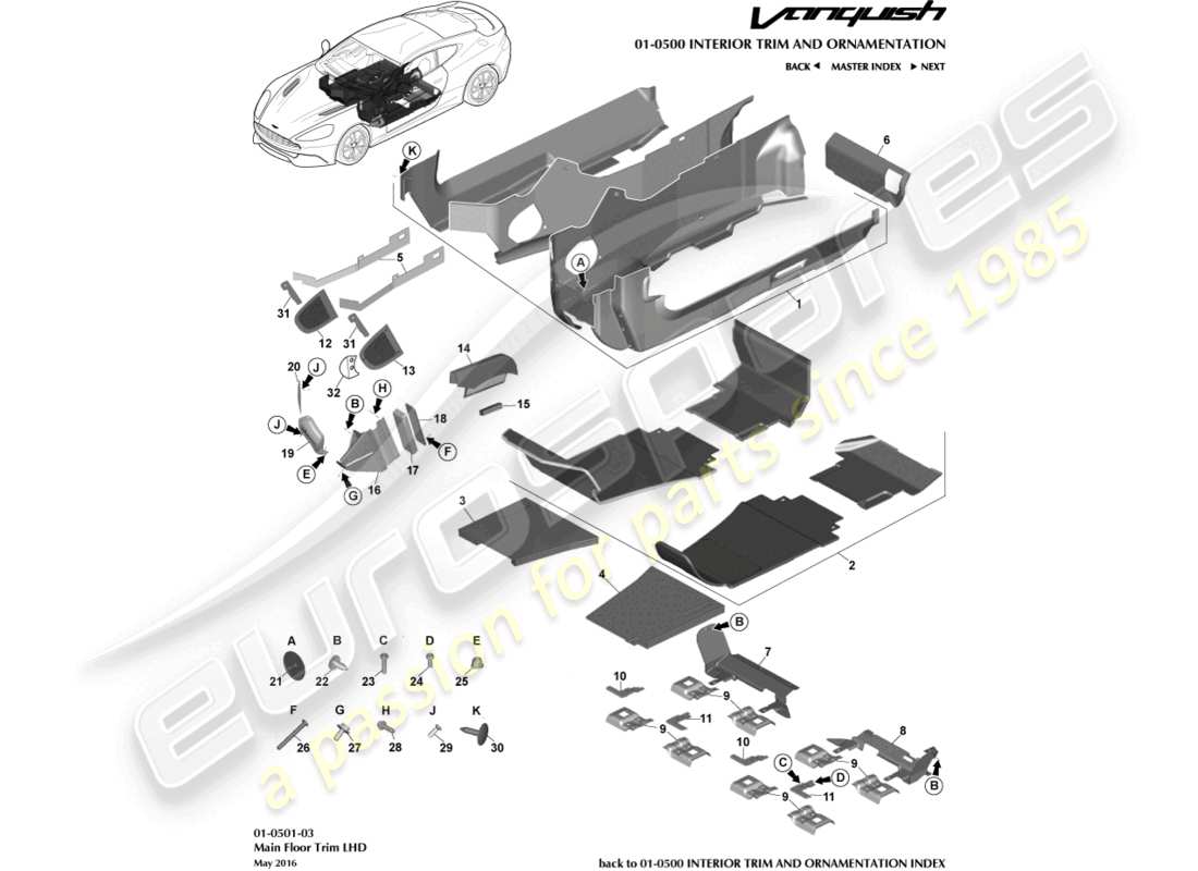 aston martin vanquish (2018) main floor trim, lhd part diagram