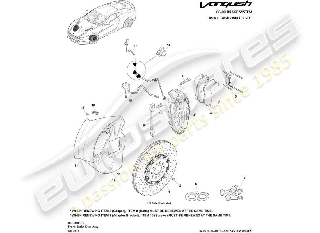 aston martin vanquish (2018) front brake system part diagram