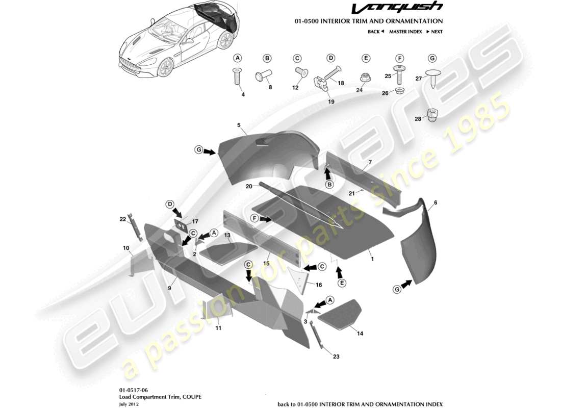 aston martin vanquish (2016) load compartment trim, coupe part diagram