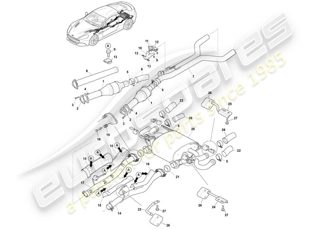 aston martin vanquish (2013) exhaust system, s part diagram