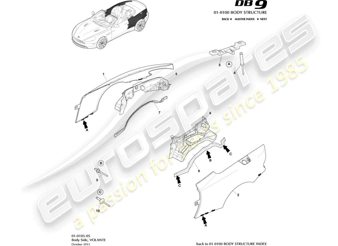 aston martin db9 (2015) body side, volante part diagram